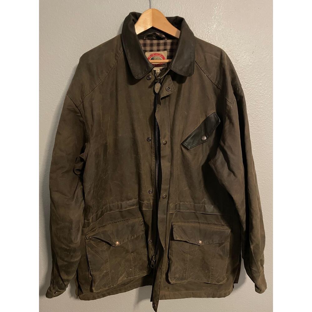 Australian Outback Collection Coat Men Large Brown Waxed Cotton Canvas Plaid 90s
